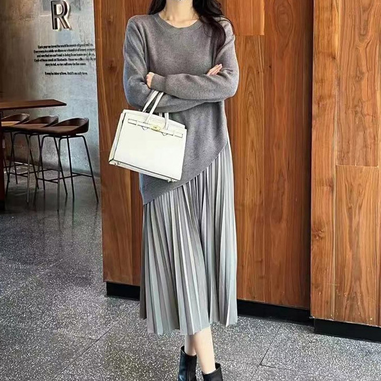 ファッション ラウンドネック 無地 ニットワンピース