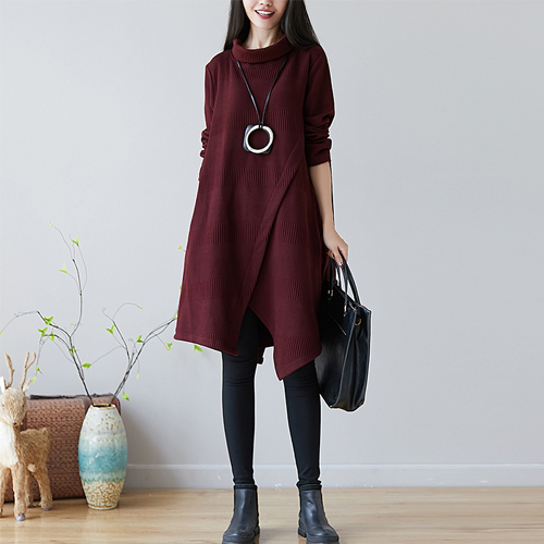 厚手 無地 コットン ラウンドネック カジュアルワンピース