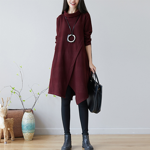 厚手 無地 コットン ラウンドネック カジュアルワンピース