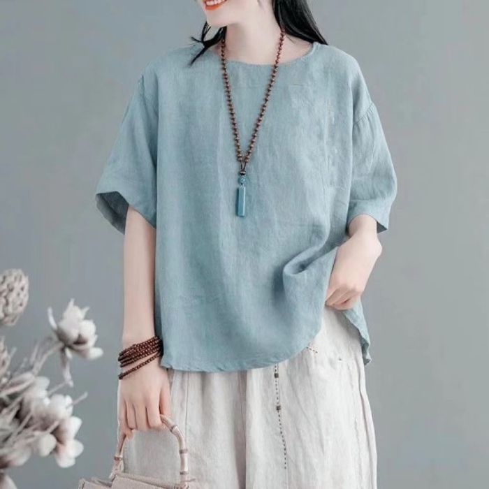 無地 カジュアル シンプル レトロ 涼む 綿麻 ブラウス