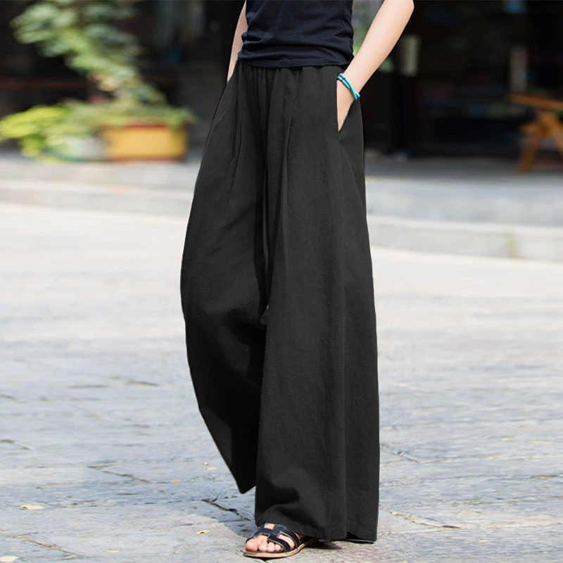 カジュアル  無地 リネン ロング丈 ガウチョパンツ