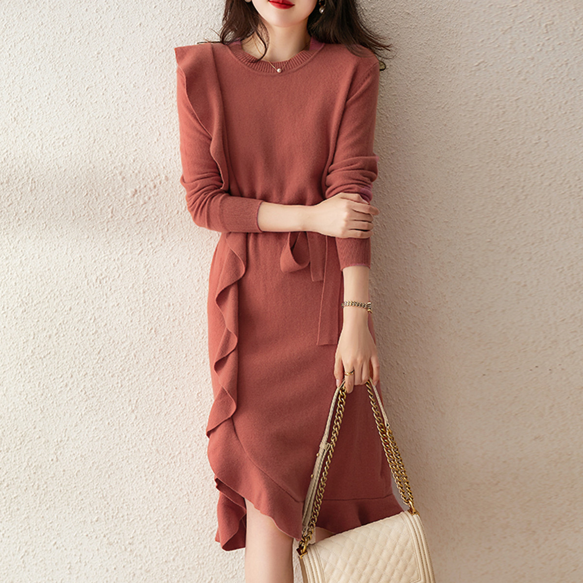 無地 カジュアル シンプル ロング丈 ニットワンピース