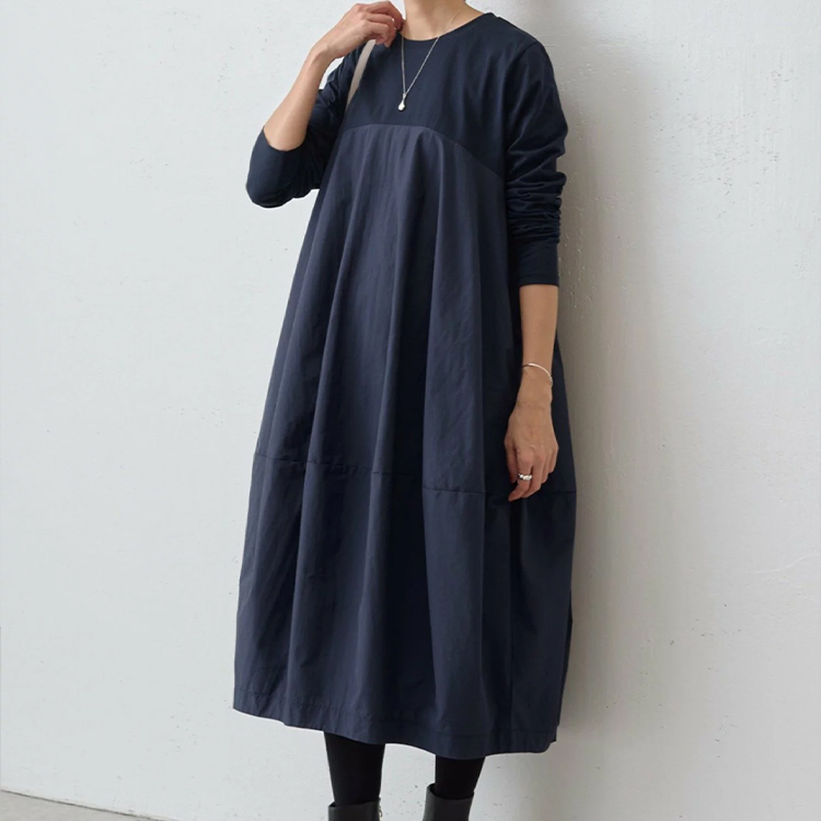大きいサイズ 長袖 クルーネック 切り替え カジュアルワンピース