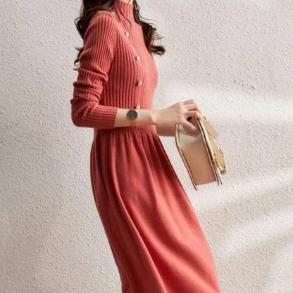 大活躍 ボタン付き 無地 カジュアル ニットワンピース