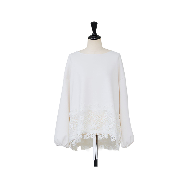 クルーネック 丸襟 ルーズ レース柄 トップス