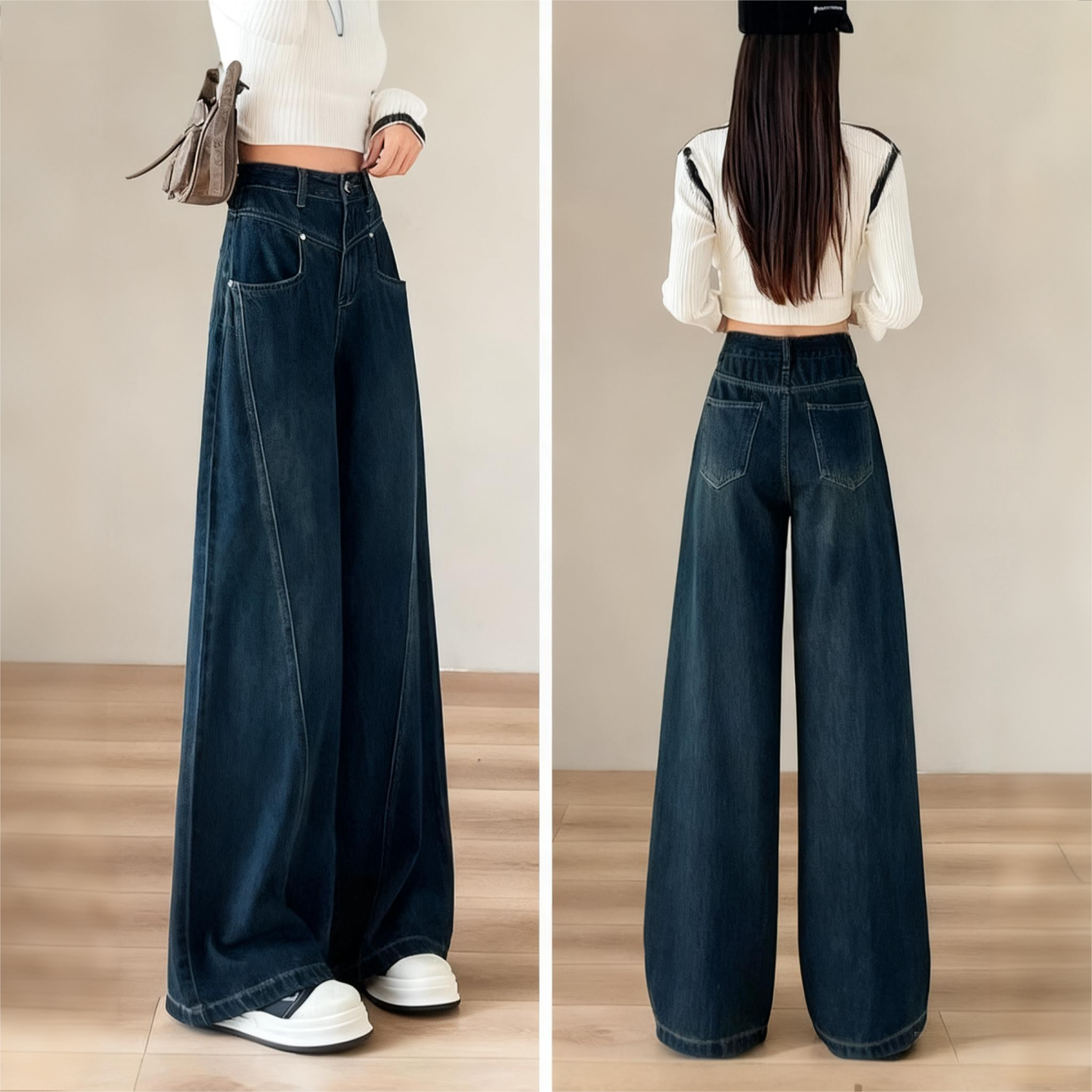 スリム見え 無地 カジュアル シンプル デニムワイドパンツ