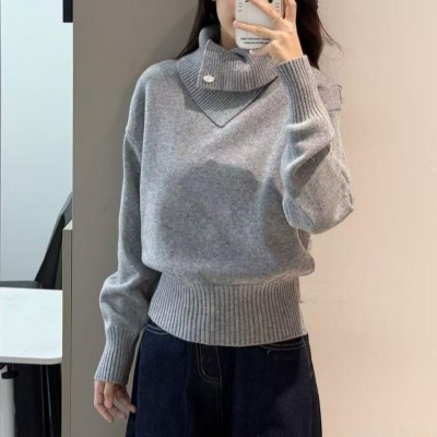 不規則 ハイネック ニット レディース スリム フィット オールマッチ ニット セーター