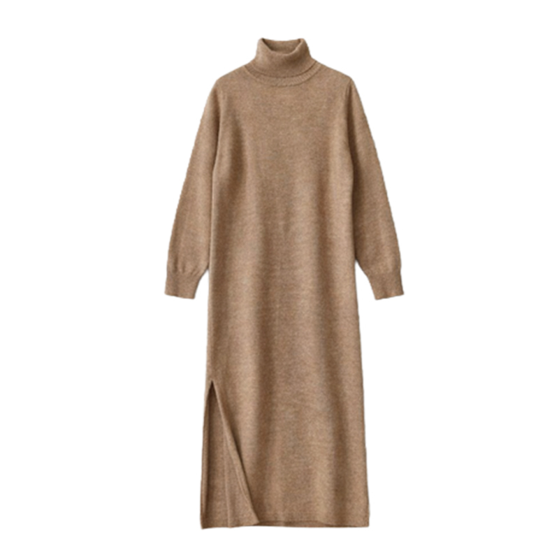 レディース ハイネック ロング丈 無地 ニットワンピース