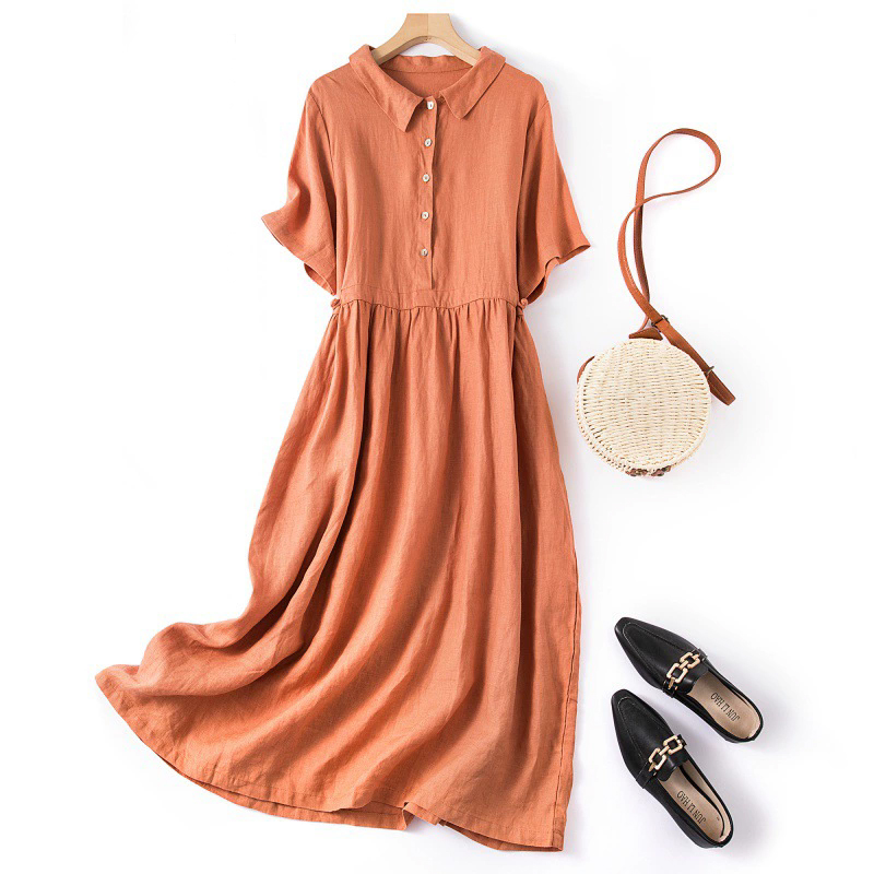 無地 カジュアル レトロ シンプル 綿麻 ワンピース