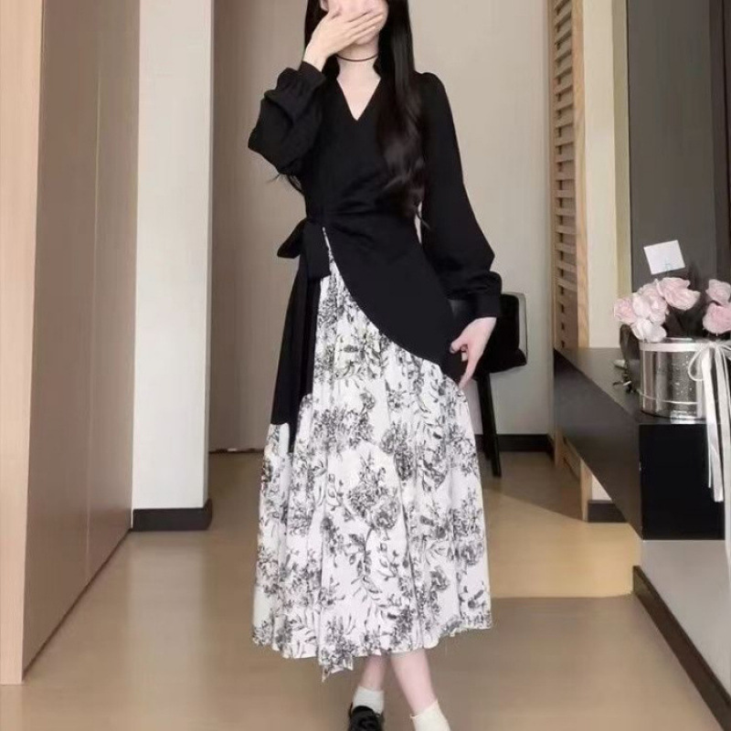 ファッション ウエスト リボン 花柄 カジュアルワンピース