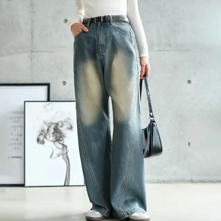 レトロ風 個性カーブ ハイウエスト 無地 デニムパンツ