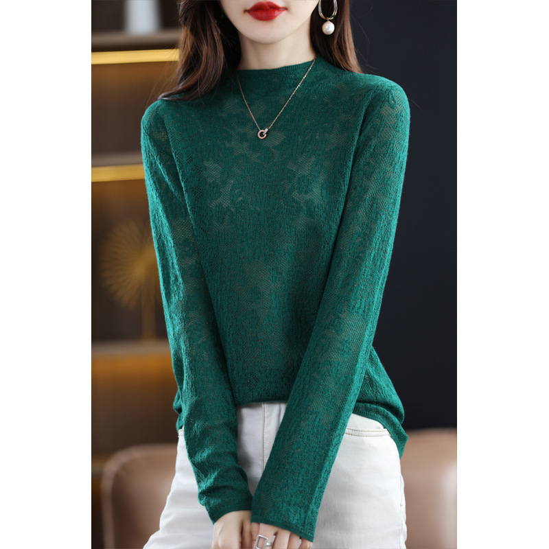 レディース ハイネック 長袖 レース ニット