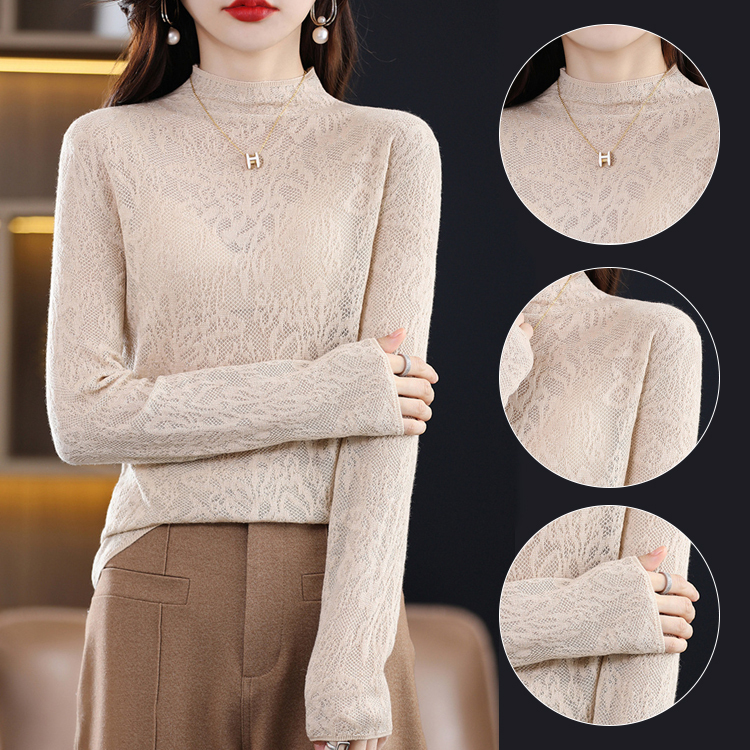 レディース ハイネック 長袖 レース ニット