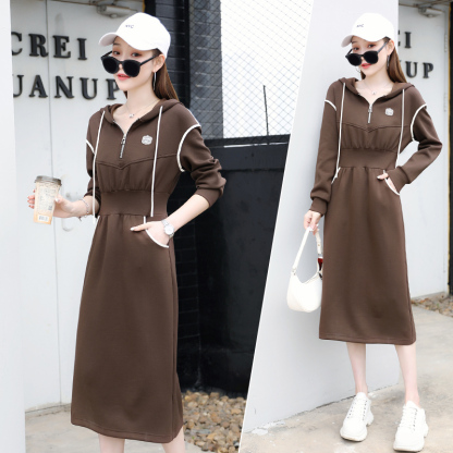 配色 シンプル 長袖 カジュアルワンピース