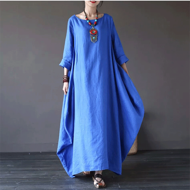 簡単おしゃれ カジュアル 無地 綿麻 ルーズ ロング ワンピース