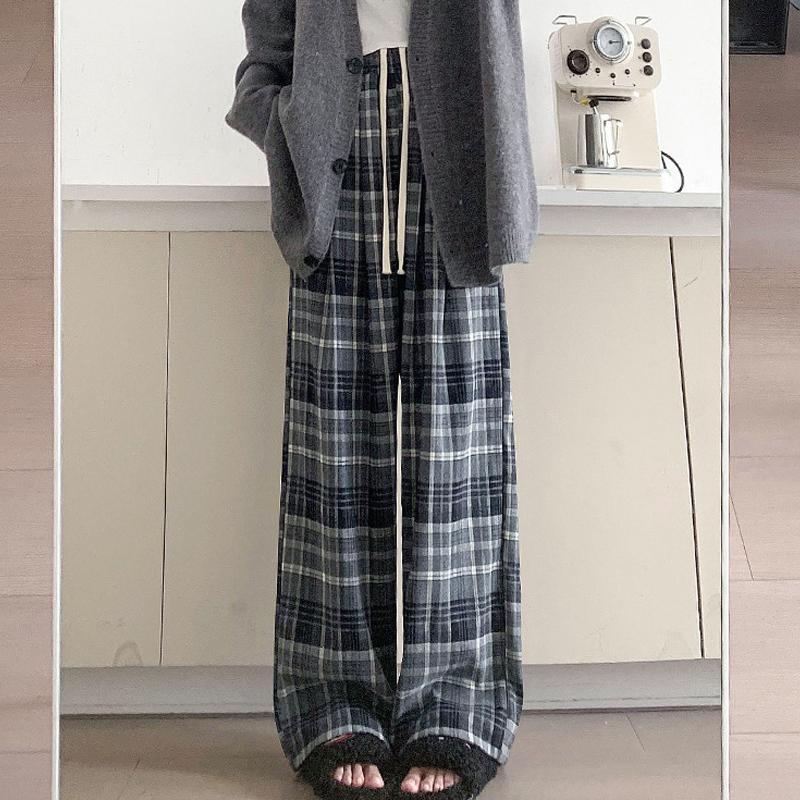 柔らかい 定番 チェック柄 裏起毛 ゴムウエスト ワイドパンツ