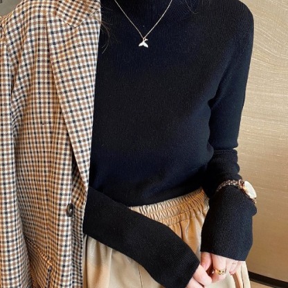 無地 カジュアル シンプル 長袖 ハイネック ニット