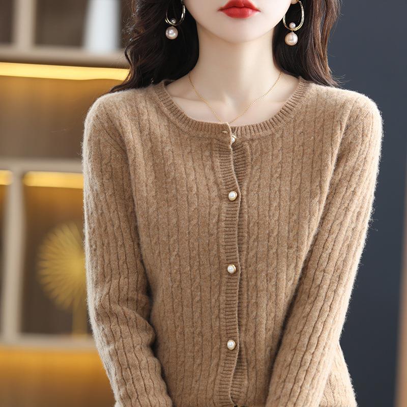 レディース ラウンドネック ウール 無地 カーディガン