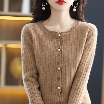 レディース ラウンドネック ウール 無地 カーディガン