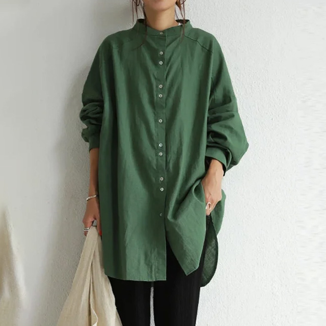 無地 カジュアル レディース 立襟 ロング丈 シャツ