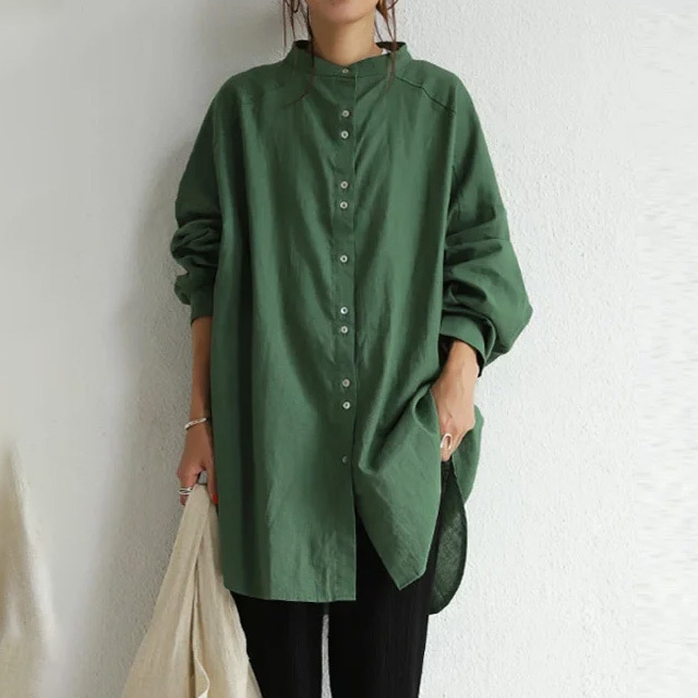 無地 カジュアル レディース 立襟 ロング丈 シャツ