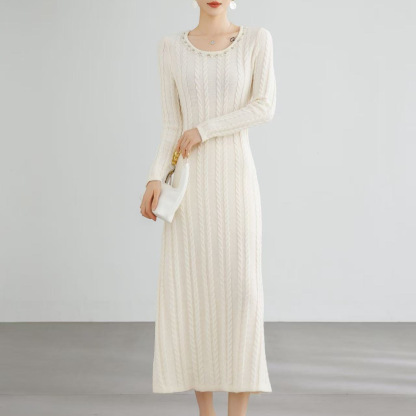 無地 カジュアル シンプル 長袖 ケーブル編み ニットワンピース