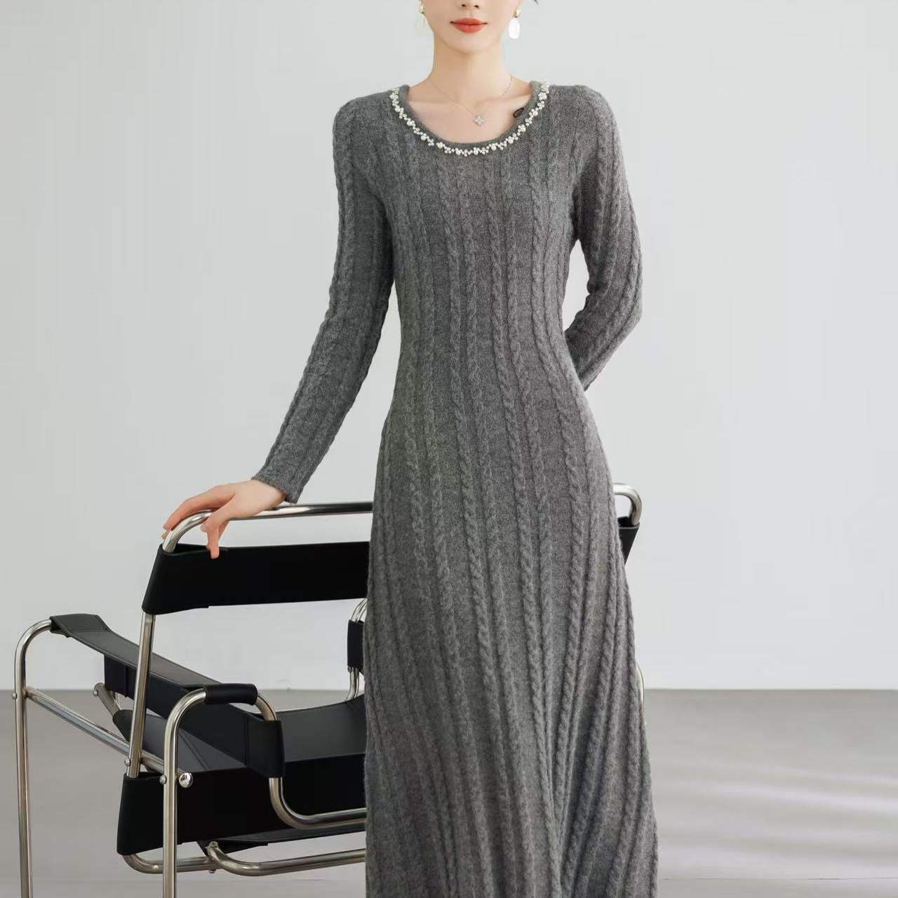 無地 カジュアル シンプル 長袖 ケーブル編み ニットワンピース
