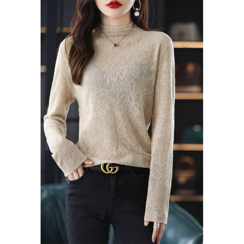 レディース ハイネック 長袖 レース ニット