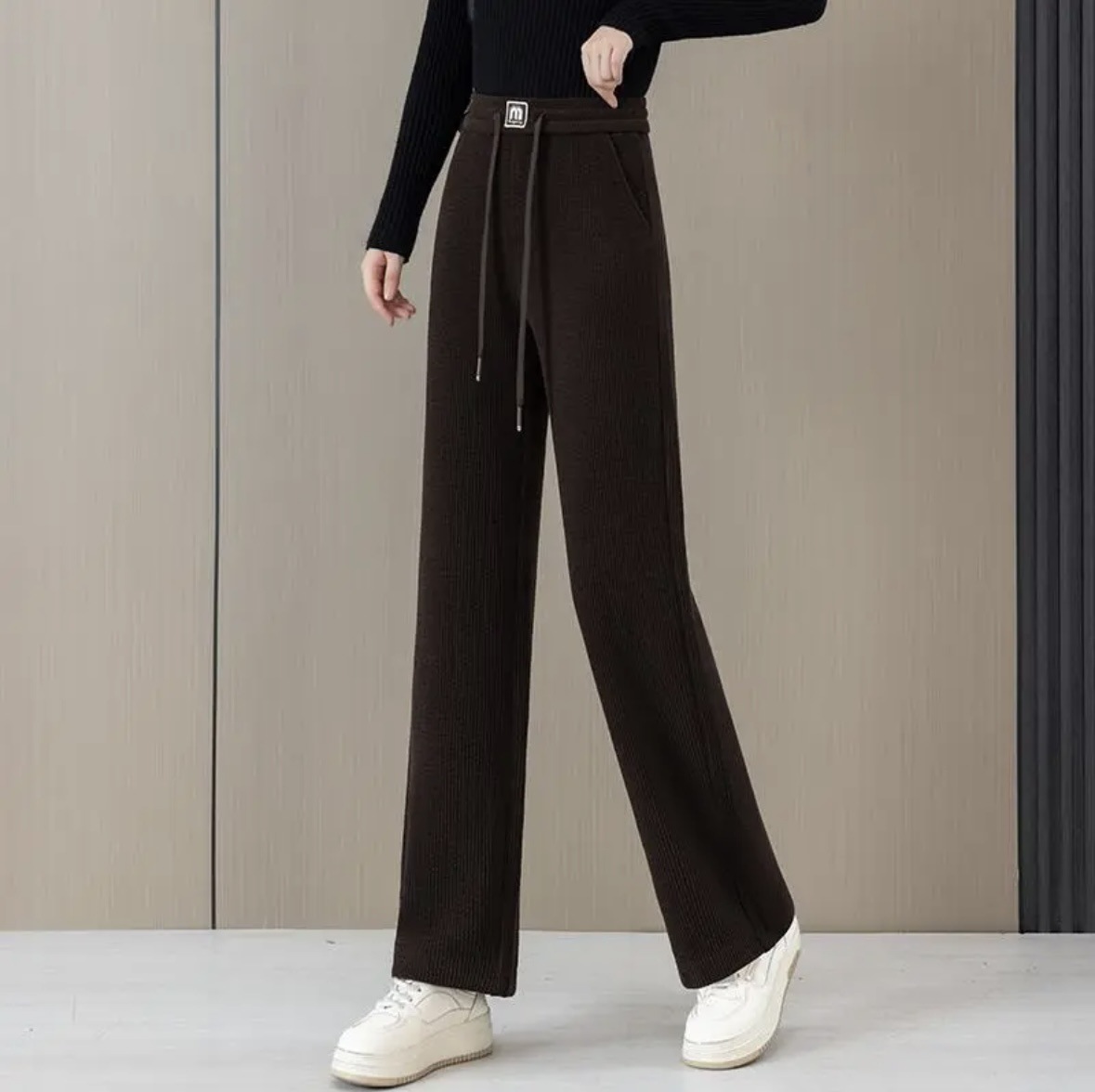 人気爆発中 ハイウエスト 裏起毛 ワイドパンツ