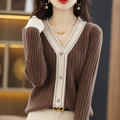 配色 ボタン付き ニット カーディガン