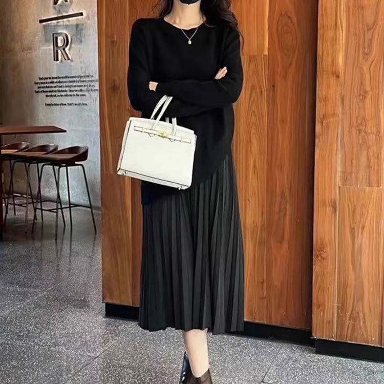 ファッション ラウンドネック 無地 ニットワンピース