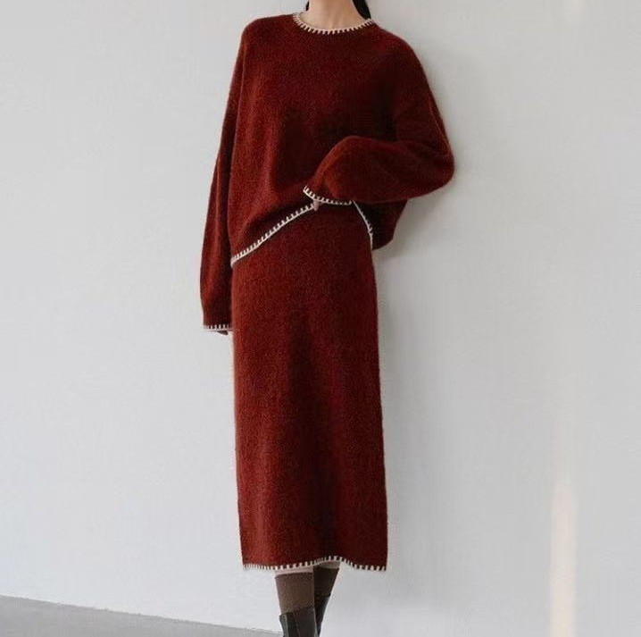 カジュアル シンプル 長袖 無地 ラウンドネック ニットセット