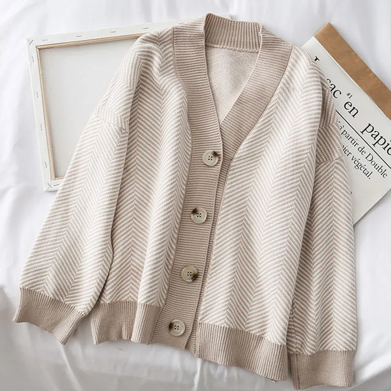 レディース ストライプ柄 ニット カーディガン