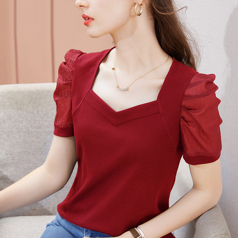 レディース 無地 パフスリーブ Tシャツ