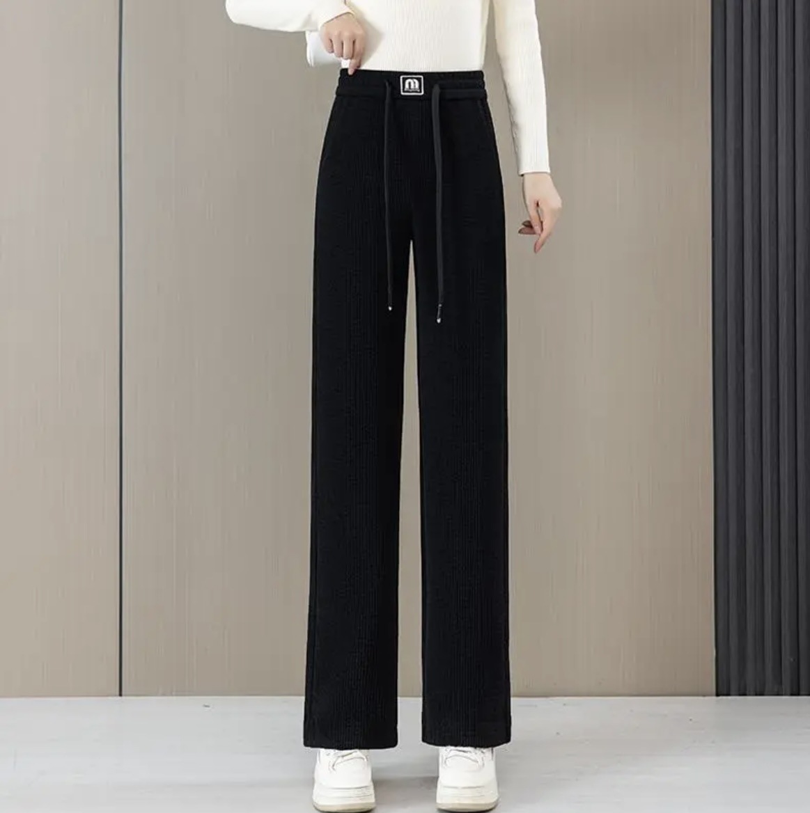 人気爆発中 ハイウエスト 裏起毛 ワイドパンツ