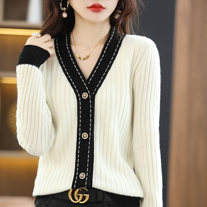 配色 ボタン付き ニット カーディガン