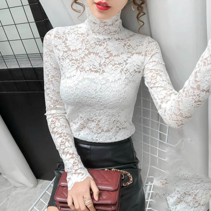 柔らかい シンプル フィット 裏起毛 レース トップス