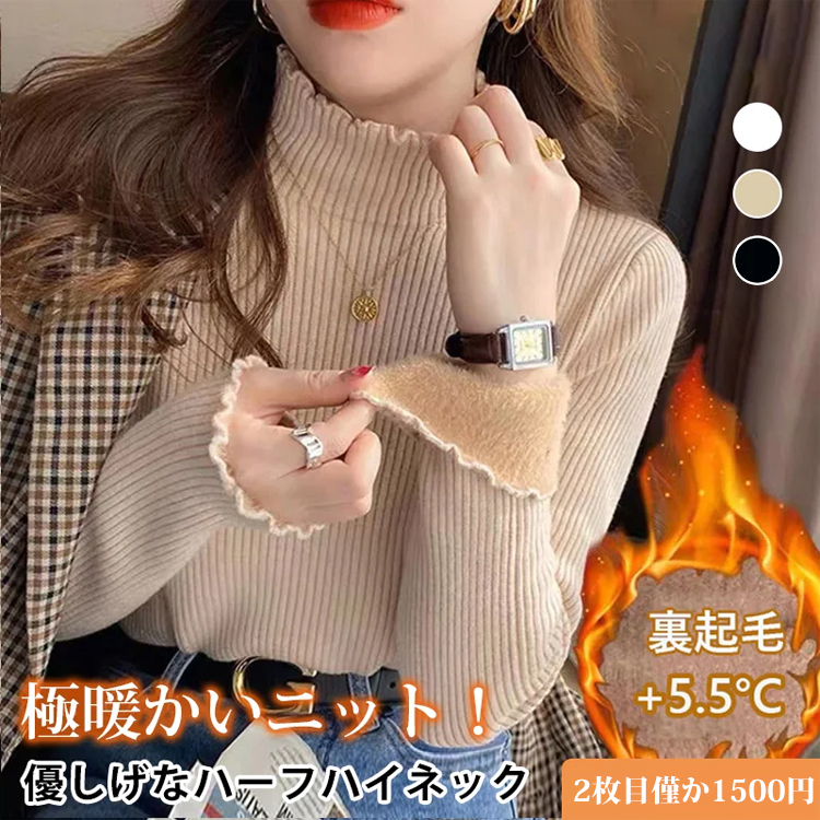 レディース 裏起毛 長袖 無地 ニット