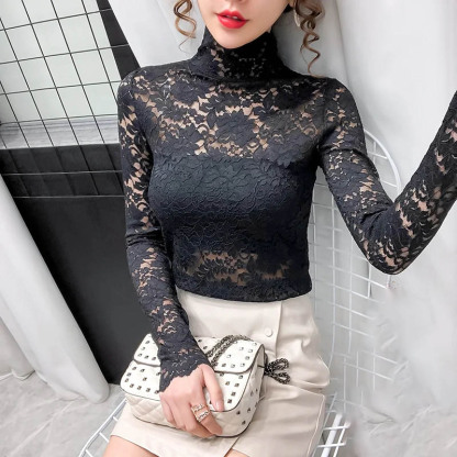 柔らかい シンプル フィット 裏起毛 レース トップス