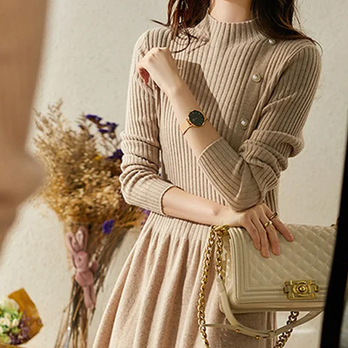 大活躍 ボタン付き 無地 カジュアル ニットワンピース