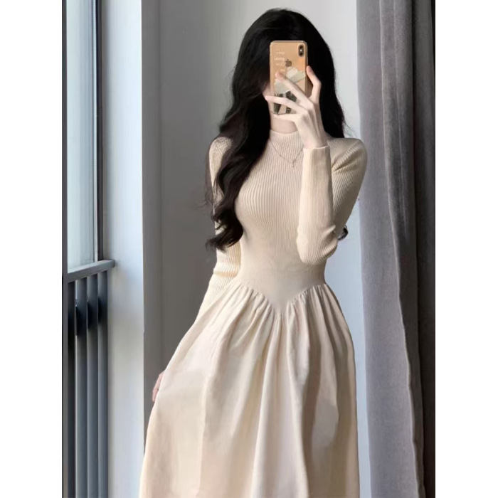 フレンチ風 ロング ハイネック 長袖 ニットワンピース