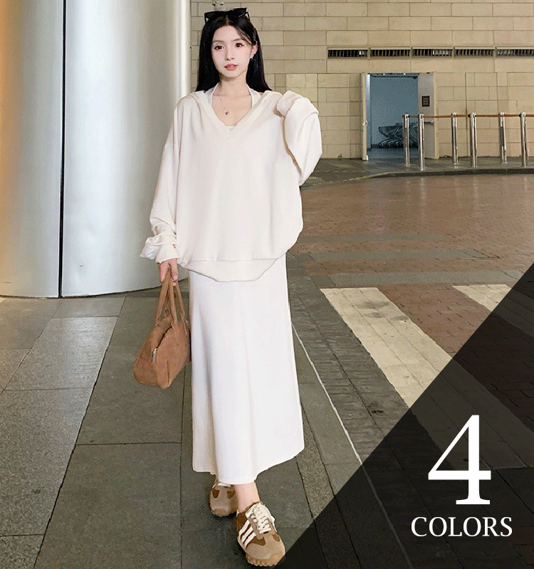 上品感 フード付き 無地 パーカー+ロング ワンピース セットアップ