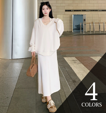 上品感 フード付き 無地 パーカー+ロング ワンピース セットアップ