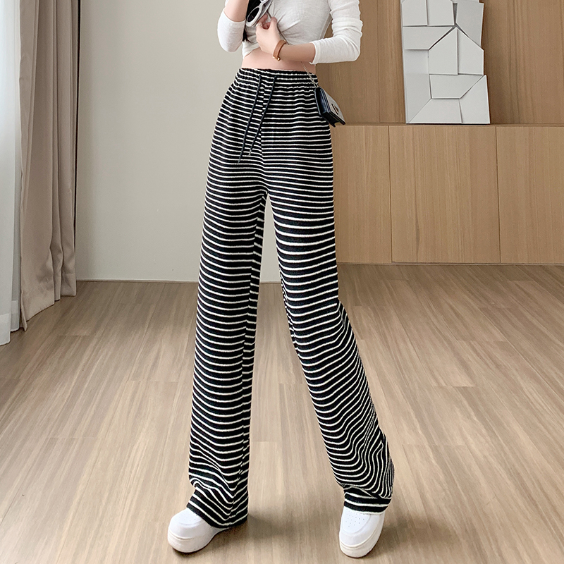 着心地良い ボーダー柄 ハイウエスト ワイドパンツ