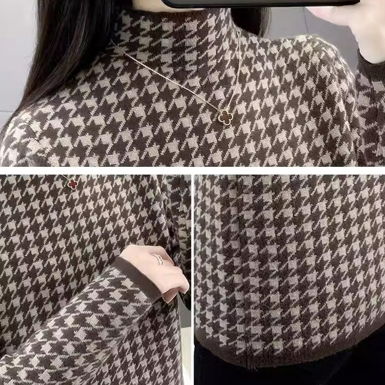 大人気 裏起毛 ハウンド トゥース柄 ハイネック ニット