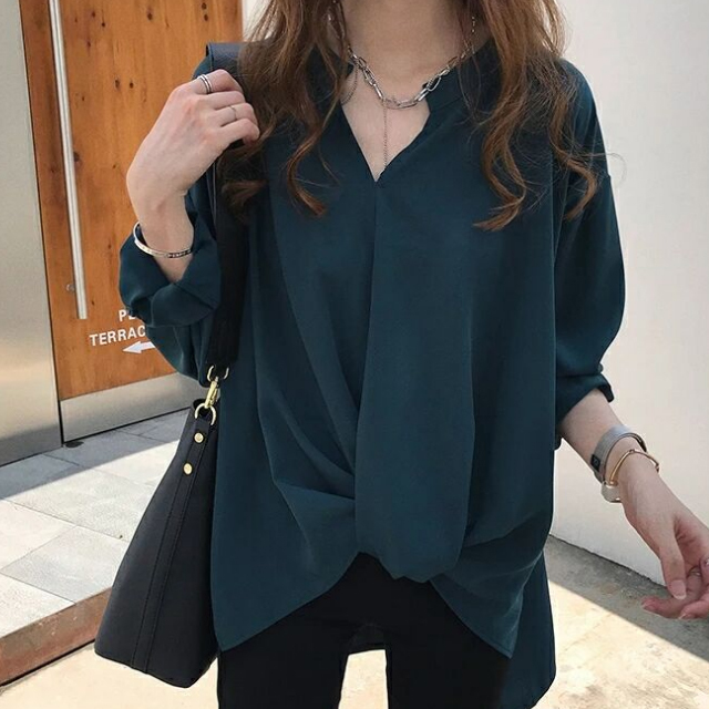 前結び風 ノーカラー レディース オン シフォンシャツ