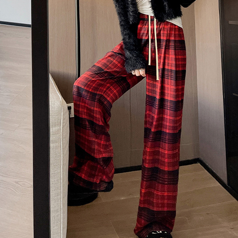 柔らかい 定番 チェック柄 裏起毛 ゴムウエスト ワイドパンツ