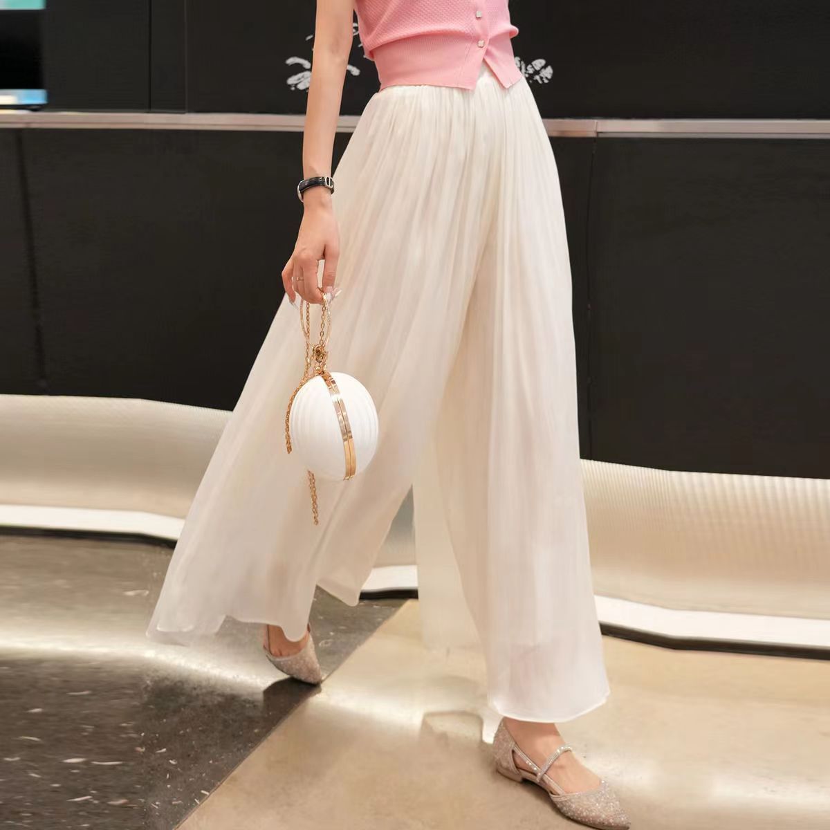 無地 カジュアル レギュラー丈 ハイウエスト ワイドパンツ