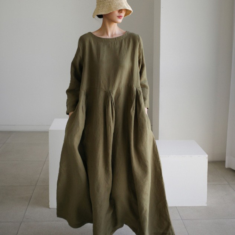 ファッション 無地 リネン コットン カジュアル  ワンピース