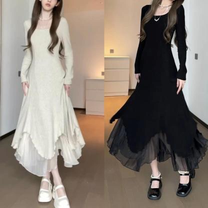 細見え 秋冬 無地 シンプル 長袖 ニットワンピース